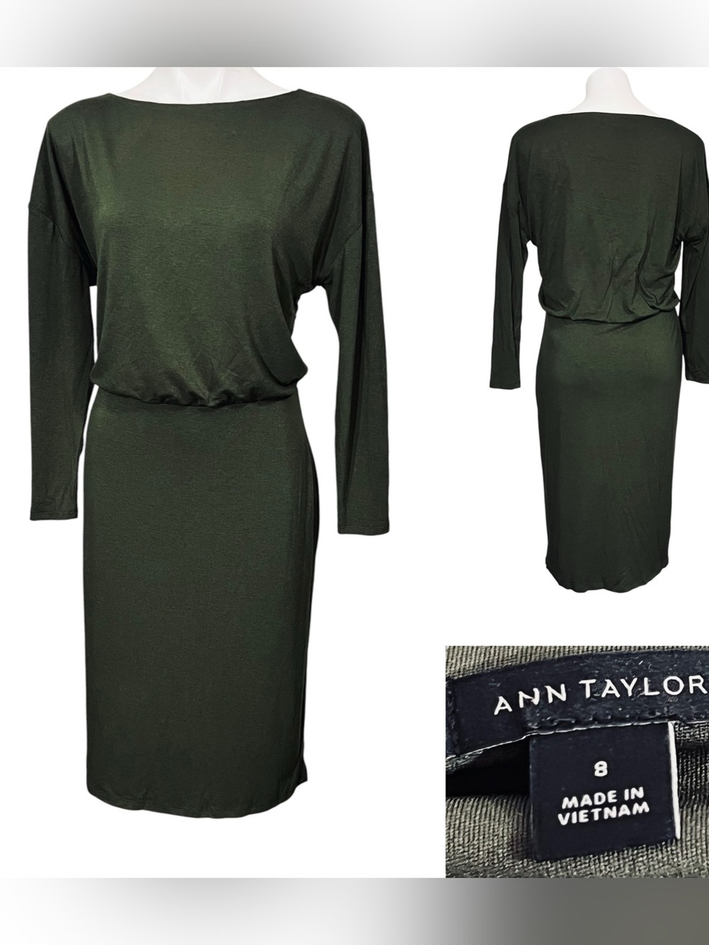 Ann Taylor dress sz 8 Olive Green Long Sleeve Blouson Sheath office fall career